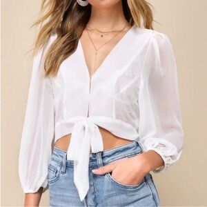 Lulu’s Sheer White Tie-Front Top | Chiffon Long Sleeve Crop | Size M
